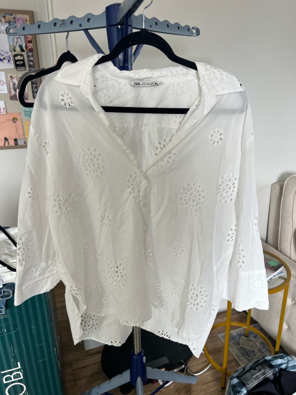 Zara White Eyelet Button-Down Shirt with Collar